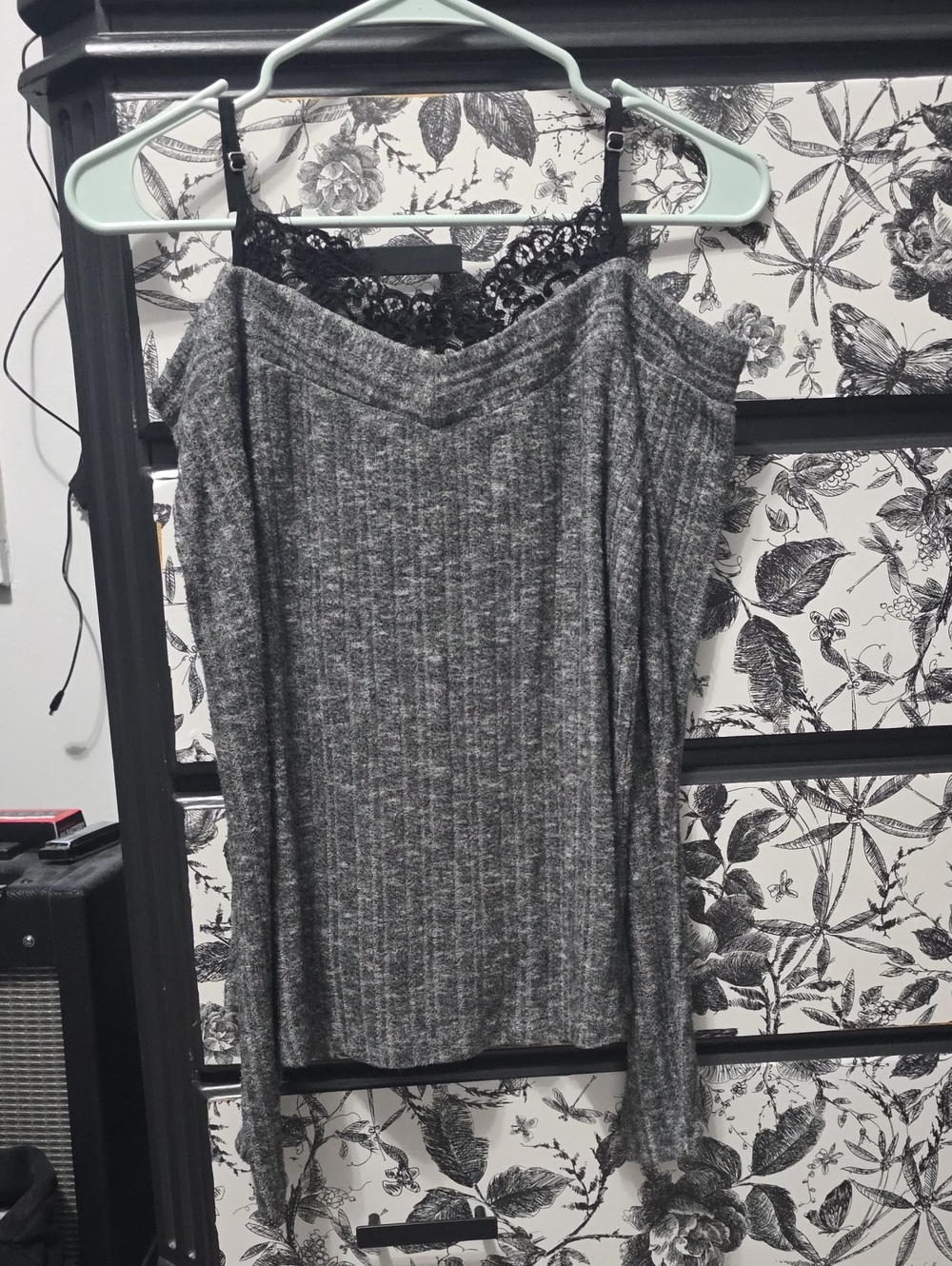 Maurices Gray Ribbed Long Sleeve Top with Black Lace Trim